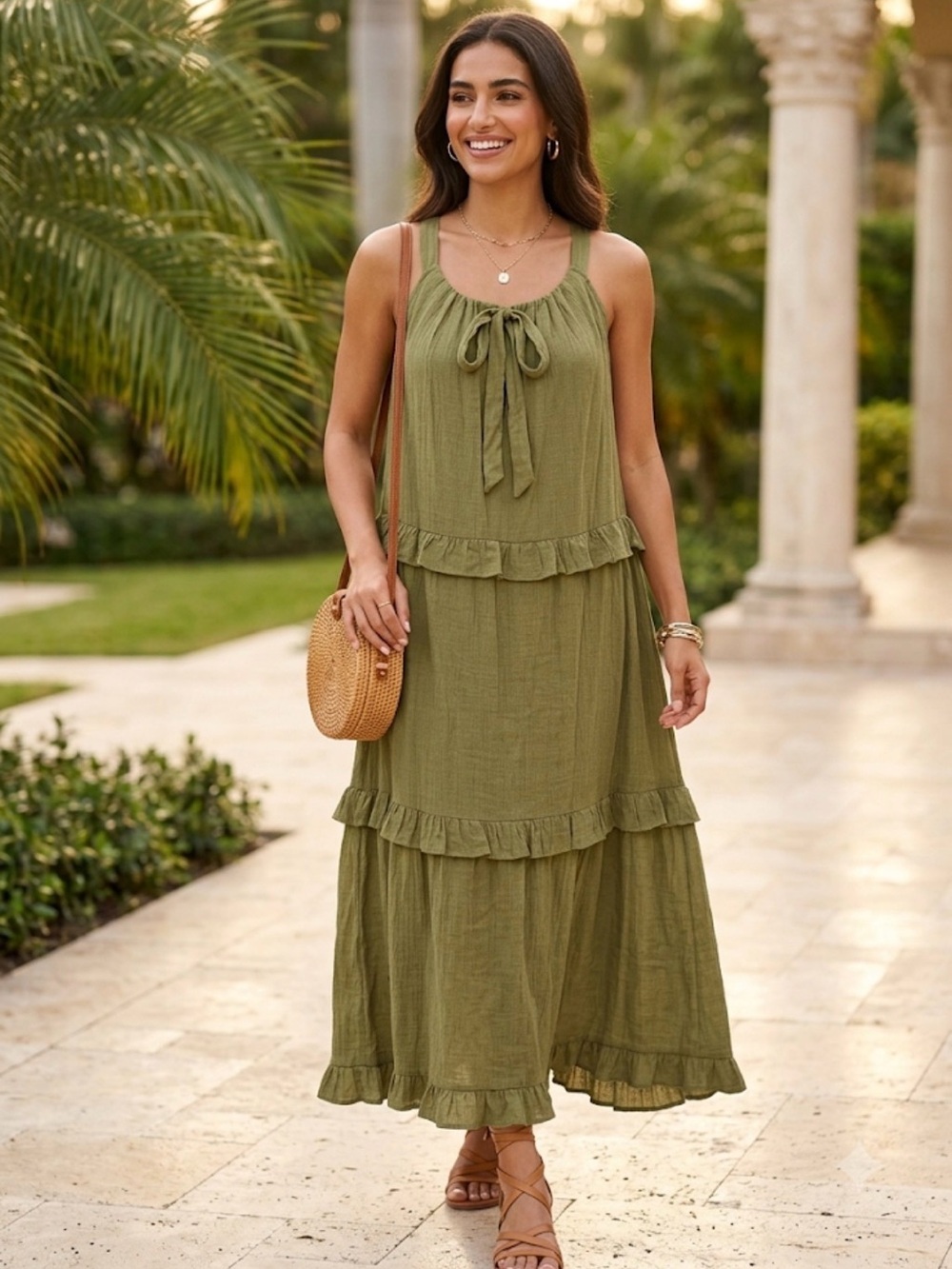Emelia Olive Green Tiered Ruffle Maxi Dress Boho Sleeveless Size L - Picture 7 of 9